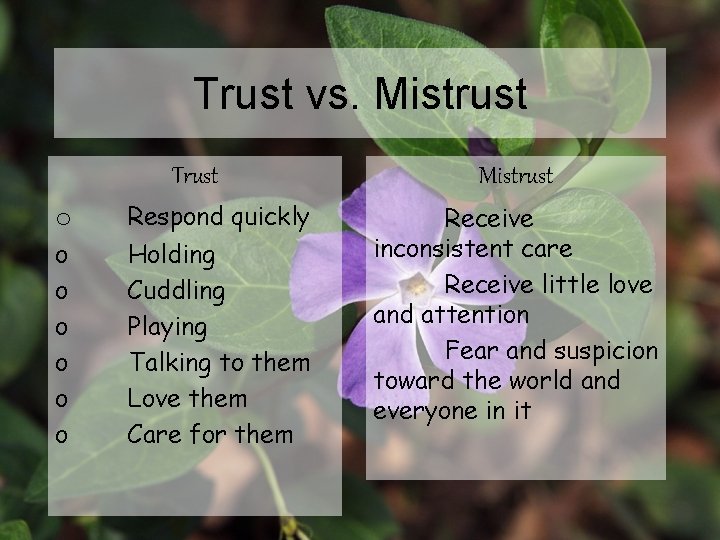 Trust vs. Mistrust Trust o Respond quickly o o o Holding Cuddling Playing Talking