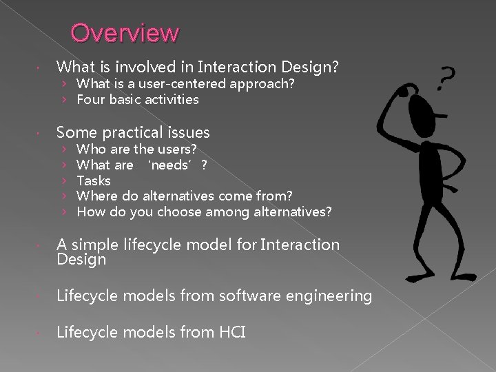 Overview What is involved in Interaction Design? Some practical issues › What is a