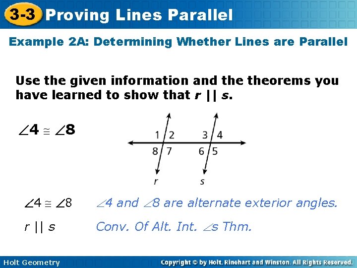 3 -3 Proving Lines Parallel Example 2 A: Determining Whether Lines are Parallel Use