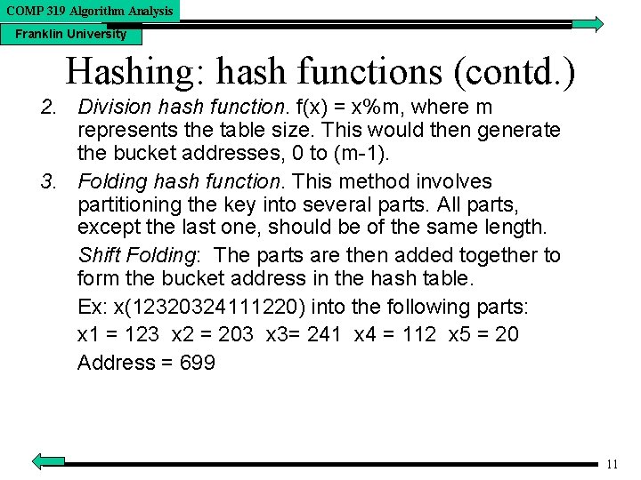 COMP 319 Algorithm Analysis Franklin University Hashing: hash functions (contd. ) 2. Division hash
