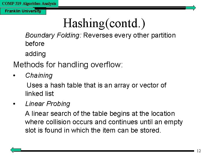 COMP 319 Algorithm Analysis Franklin University Hashing(contd. ) Boundary Folding: Reverses every other partition