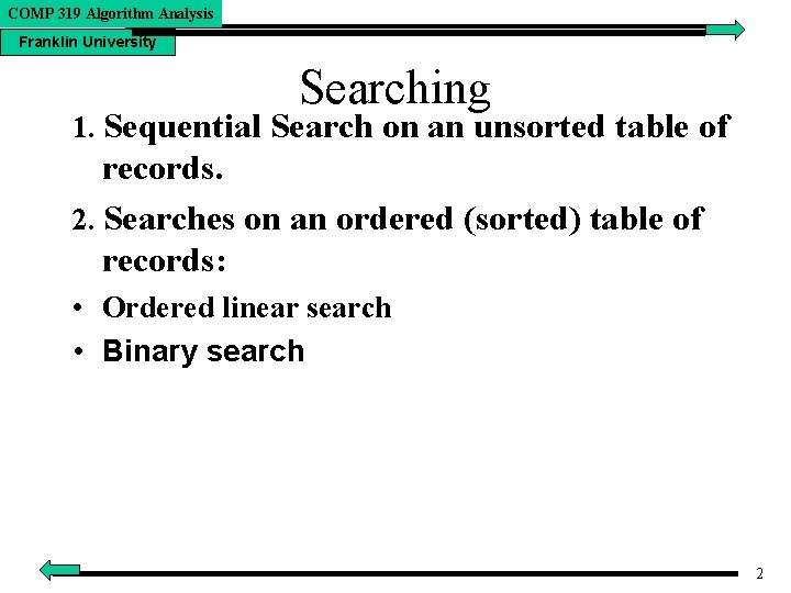 COMP 319 Algorithm Analysis Franklin University Searching 1. Sequential Search on an unsorted table