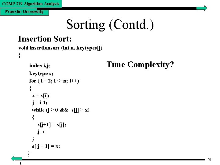 COMP 319 Algorithm Analysis Franklin University Sorting (Contd. ) Insertion Sort: void insertionsort (int