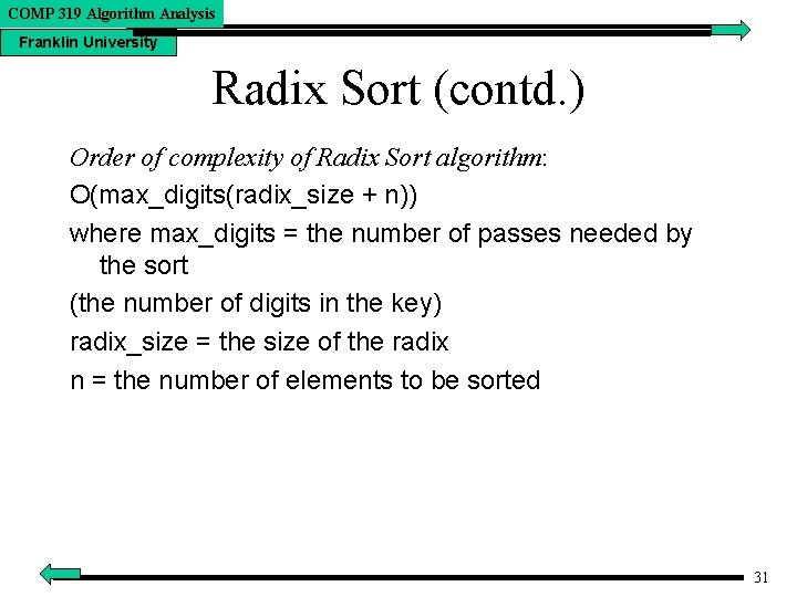 COMP 319 Algorithm Analysis Franklin University Radix Sort (contd. ) Order of complexity of