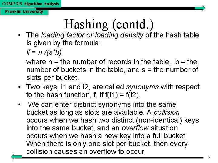 COMP 319 Algorithm Analysis Franklin University Hashing (contd. ) • The loading factor or