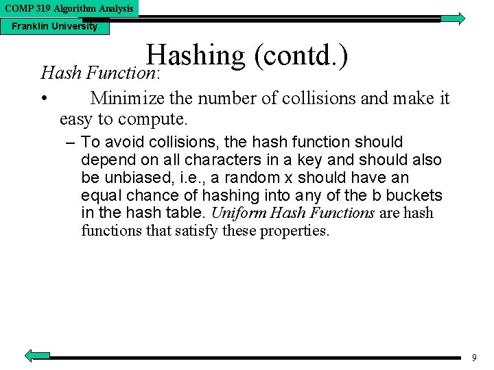 COMP 319 Algorithm Analysis Franklin University Hashing (contd. ) Hash Function: • Minimize the