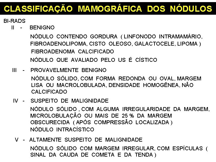 CLASSIFICAÇÃO MAMOGRÁFICA DOS NÓDULOS BI-RADS II - BENIGNO NÓDULO CONTENDO GORDURA ( LINFONODO INTRAMAMÁRIO,