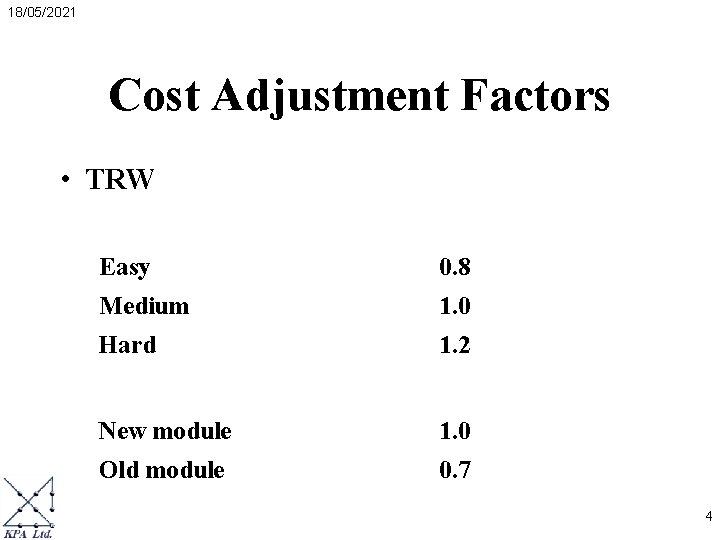 18/05/2021 Cost Adjustment Factors • TRW Easy 0. 8 Medium 1. 0 Hard 1. 18/05/2021 Cost Adjustment Factors • TRW Easy 0. 8 Medium 1. 0 Hard 1.