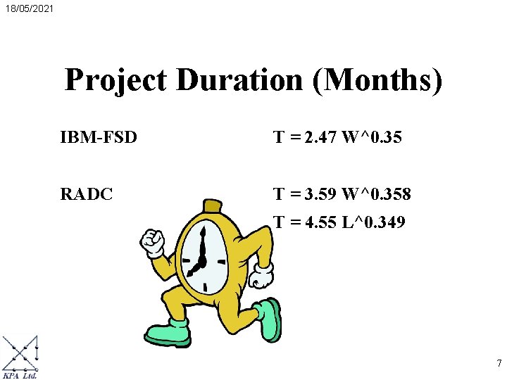 18/05/2021 Project Duration (Months) IBM-FSD T = 2. 47 W^0. 35 RADC T = 18/05/2021 Project Duration (Months) IBM-FSD T = 2. 47 W^0. 35 RADC T =