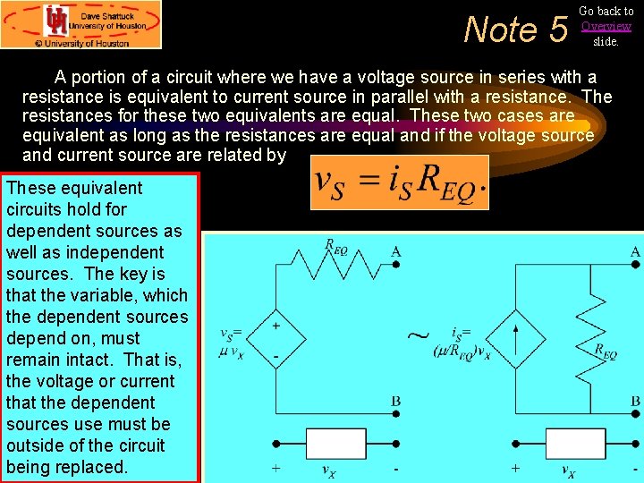 Note 5 Go back to Overview slide. A portion of a circuit where we Note 5 Go back to Overview slide. A portion of a circuit where we