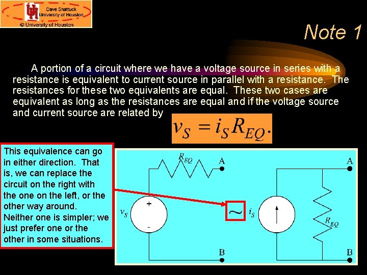 Note 1 A portion of a circuit where we have a voltage source in Note 1 A portion of a circuit where we have a voltage source in