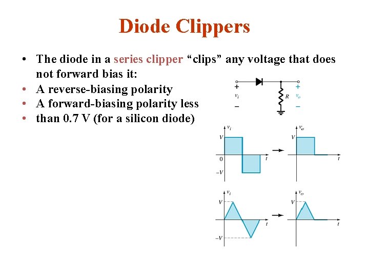 Diode Clippers • The diode in a series clipper “clips” any voltage that does