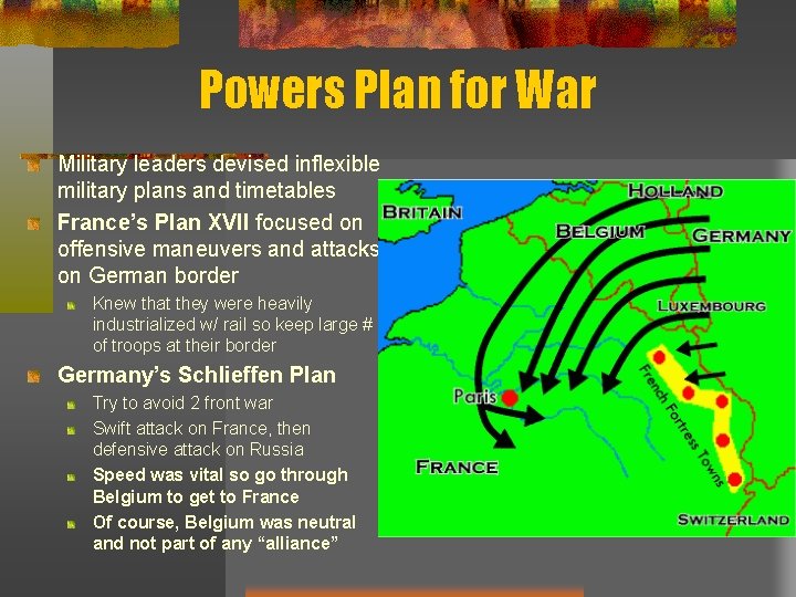 Powers Plan for War Military leaders devised inflexible military plans and timetables France’s Plan