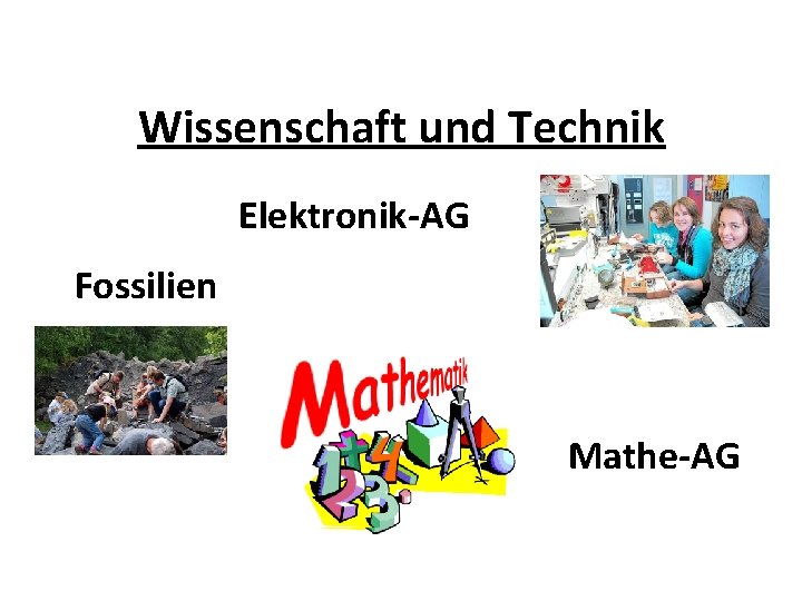 Wissenschaft und Technik Elektronik-AG Fossilien Mathe-AG 