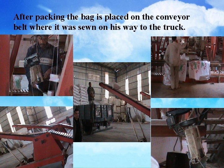 After packing the bag is placed on the conveyor belt where it was sewn