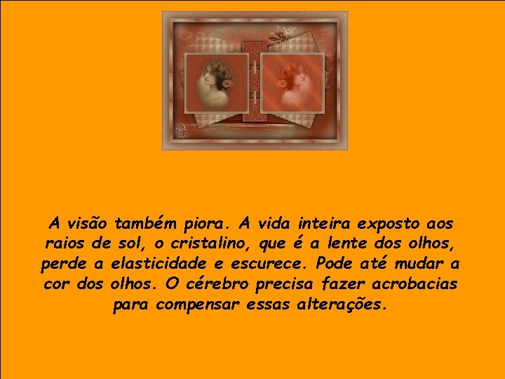 A visão também piora. A vida inteira exposto aos raios de sol, o cristalino,