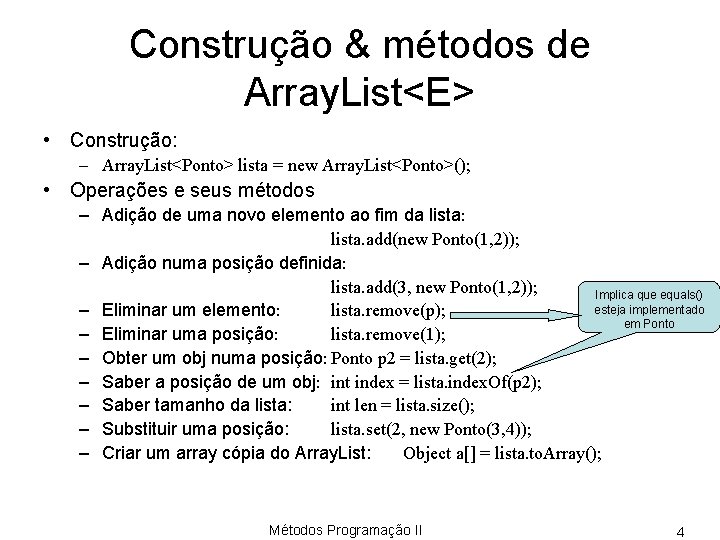 Construção & métodos de Array. List<E> • Construção: – Array. List<Ponto> lista = new