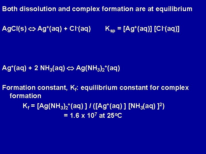 Both dissolution and complex formation are at equilibrium Ag. Cl(s) Ag+(aq) + Cl-(aq) Ksp