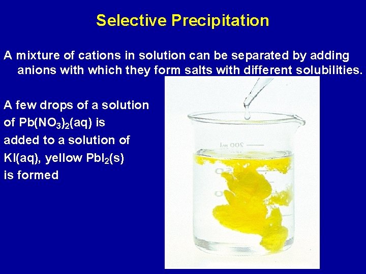 Selective Precipitation A mixture of cations in solution can be separated by adding anions