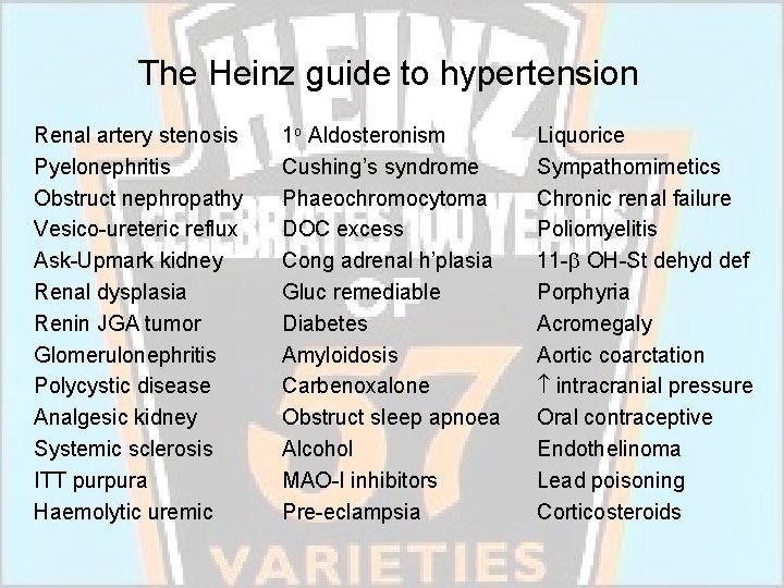 The Heinz guide to hypertension Renal artery stenosis Pyelonephritis Obstruct nephropathy Vesico-ureteric reflux Ask-Upmark