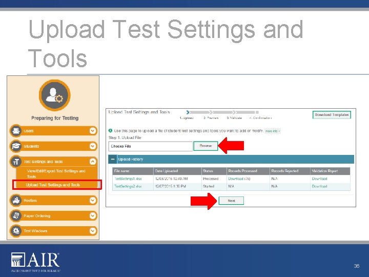 Upload Test Settings and Tools 36 