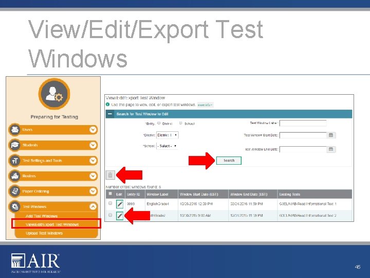 View/Edit/Export Test Windows 45 