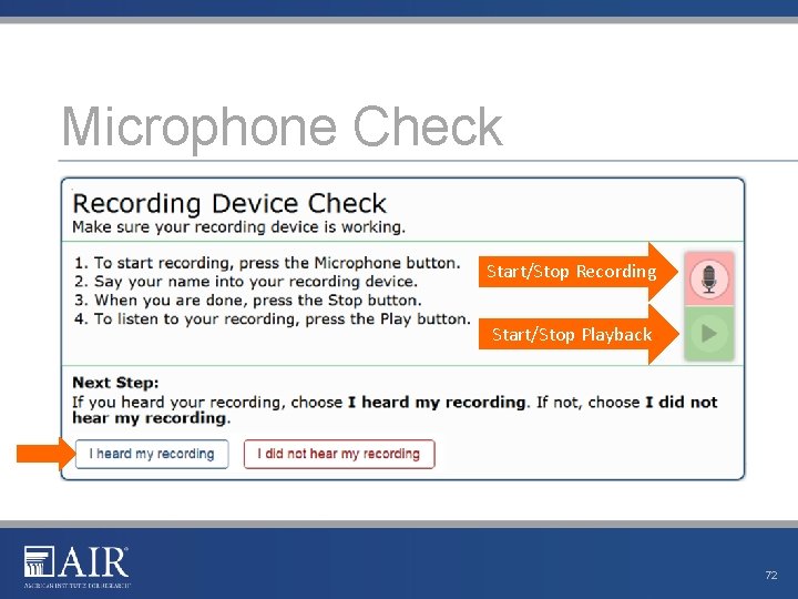 Microphone Check Start/Stop Recording Start/Stop Playback 72 