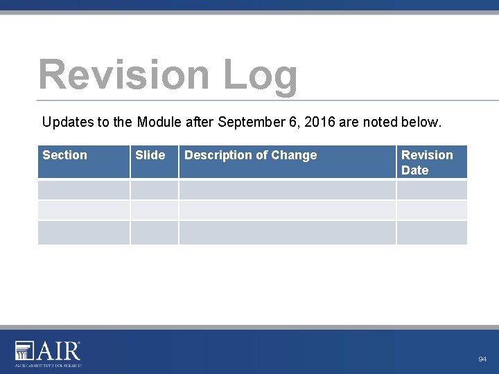 Revision Log Updates to the Module after September 6, 2016 are noted below. Section