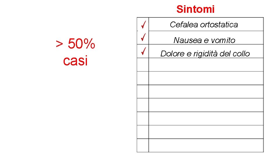Sintomi Cefalea ortostatica > 50% casi Nausea e vomito Dolore e rigidità del collo