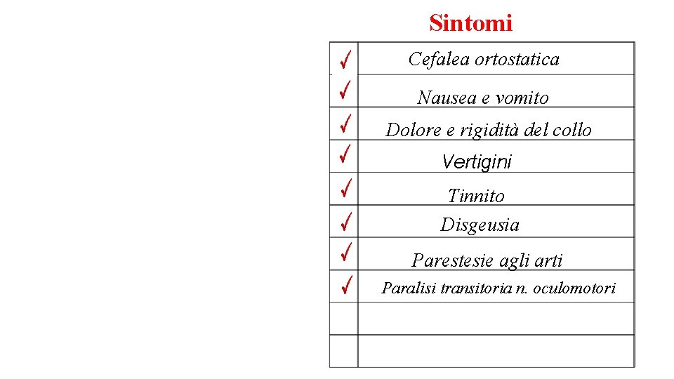 Sintomi Cefalea ortostatica Nausea e vomito Dolore e rigidità del collo Vertigini Tinnito Disgeusia