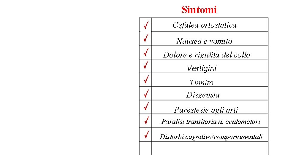 Sintomi Cefalea ortostatica Nausea e vomito Dolore e rigidità del collo Vertigini Tinnito Disgeusia