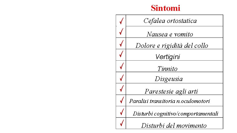 Sintomi Cefalea ortostatica Nausea e vomito Dolore e rigidità del collo Vertigini Tinnito Disgeusia