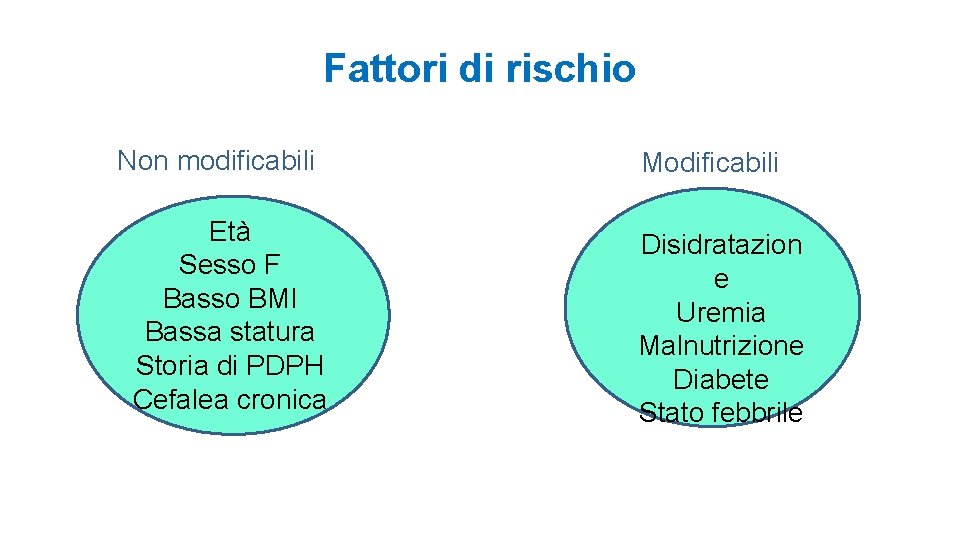 Fattori di rischio Non modificabili Età Sesso F Basso BMI Bassa statura Storia di