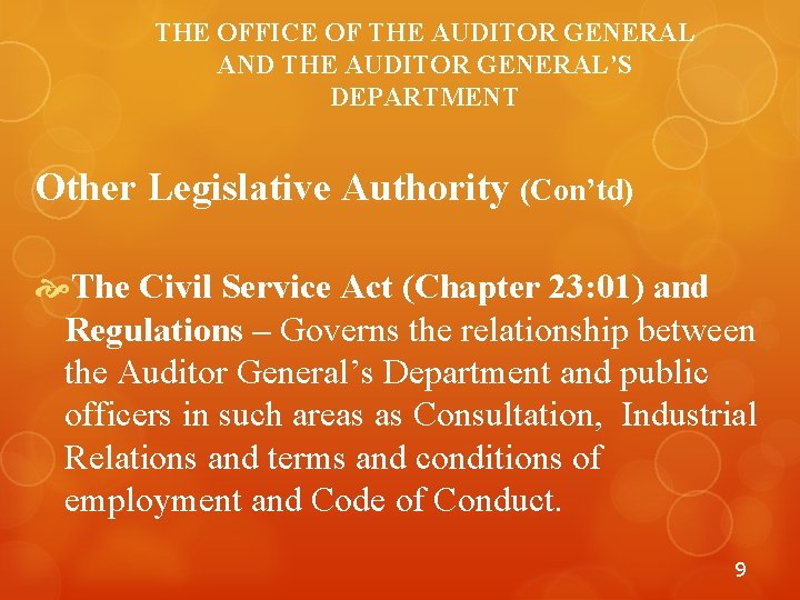 THE OFFICE OF THE AUDITOR GENERAL AND THE AUDITOR GENERAL’S DEPARTMENT Other Legislative Authority