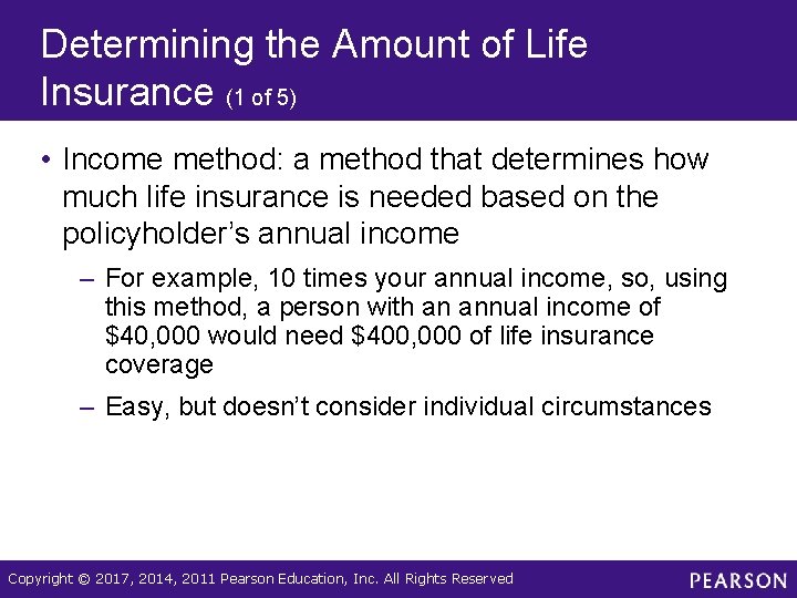 Determining the Amount of Life Insurance (1 of 5) • Income method: a method