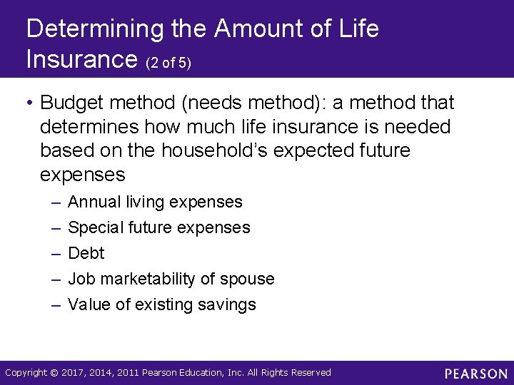 Determining the Amount of Life Insurance (2 of 5) • Budget method (needs method):