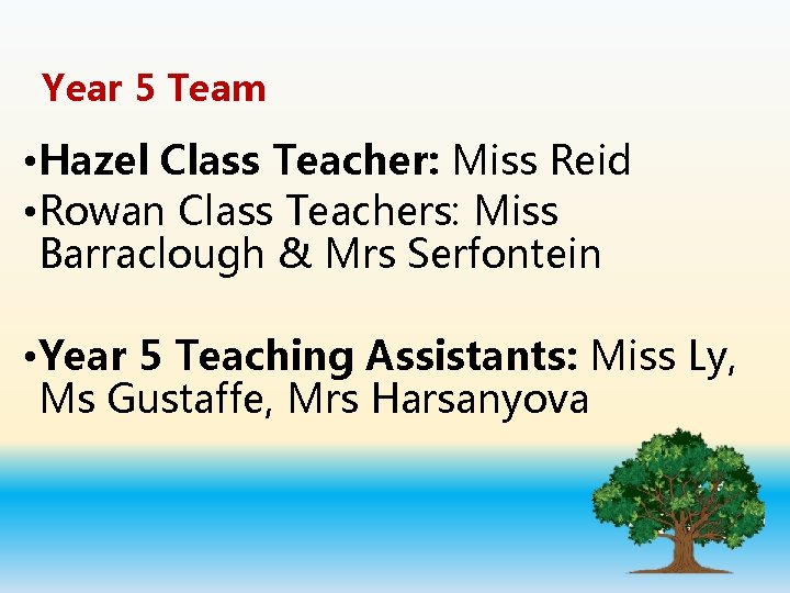 Year 5 Team • Hazel Class Teacher: Miss Reid • Rowan Class Teachers: Miss