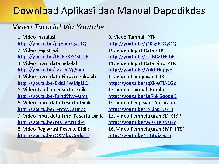 Download Aplikasi dan Manual Dapodikdas Video Tutorial Via Youtube 1. Video Instalasi http: //youtu.