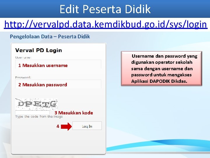 Edit Peserta Didik http: //vervalpd. data. kemdikbud. go. id/sys/login Pengelolaan Data – Peserta Didik