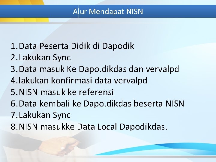 Alur Mendapat NISN 1. Data Peserta Didik di Dapodik 2. Lakukan Sync 3. Data