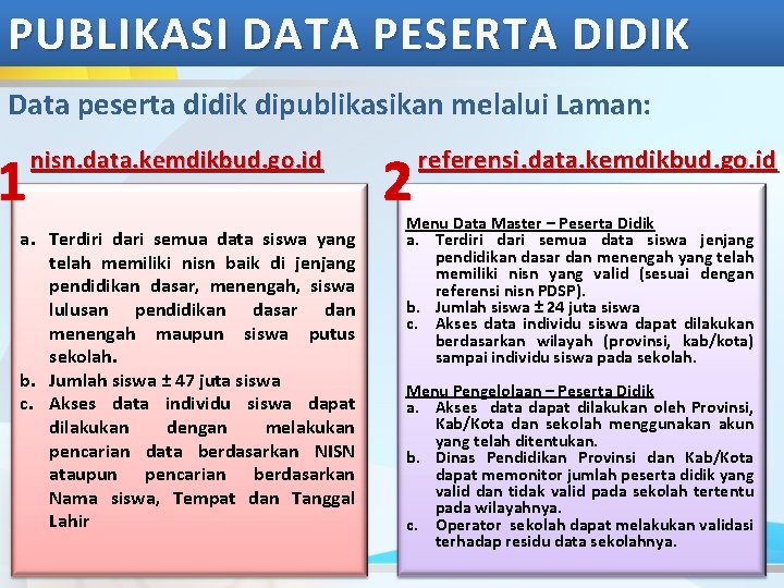 PUBLIKASI DATA PESERTA DIDIK Data peserta didik dipublikasikan melalui Laman: 1 nisn. data. kemdikbud.