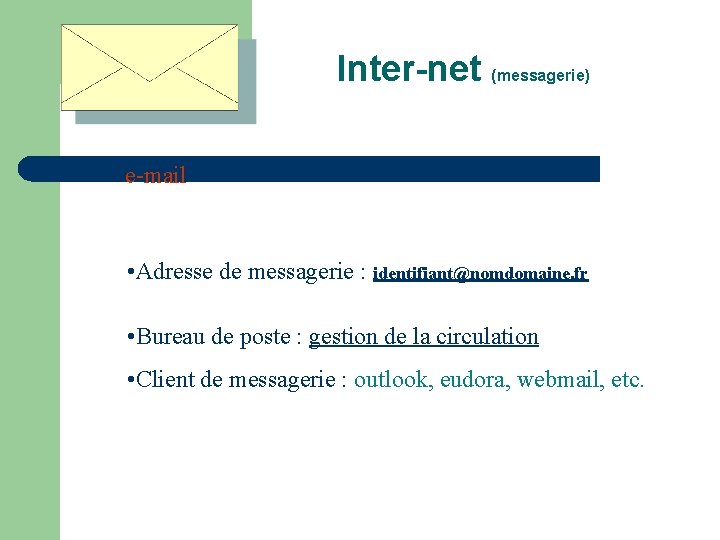 Inter-net (messagerie) e-mail • Adresse de messagerie : identifiant@nomdomaine. fr • Bureau de poste