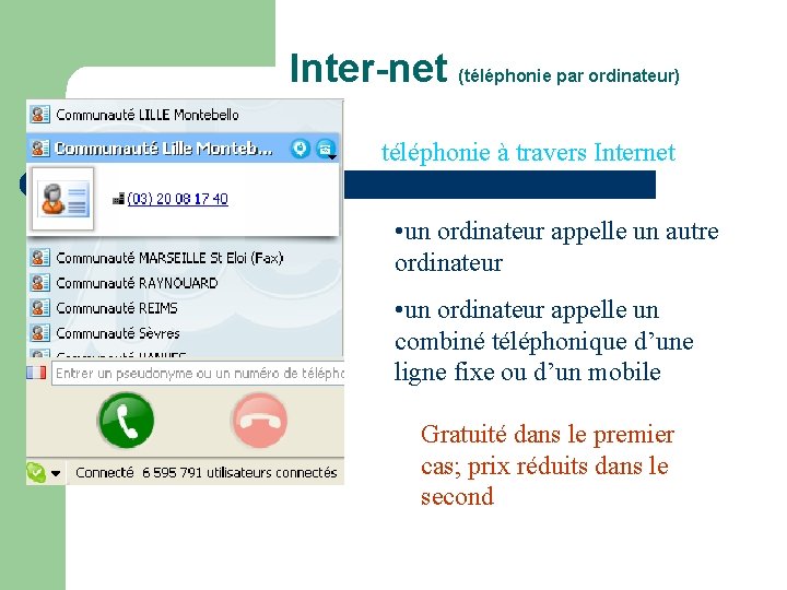 Inter-net (téléphonie par ordinateur) téléphonie à travers Internet • un ordinateur appelle un autre
