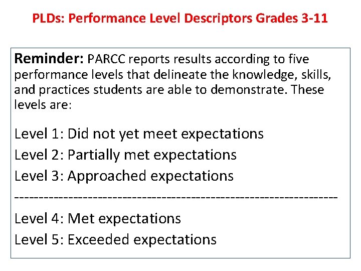 PLDs: Performance Level Descriptors Grades 3 -11 Reminder: PARCC reports results according to five