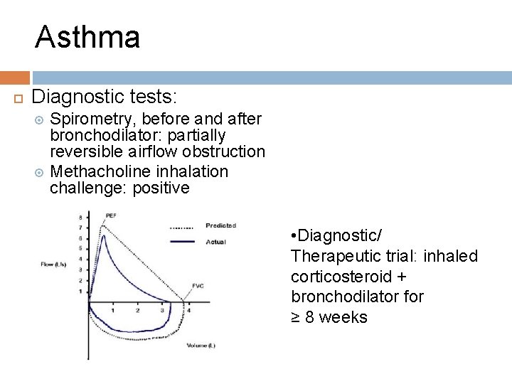 Asthma Diagnostic tests: Spirometry, before and after bronchodilator: partially reversible airflow obstruction Methacholine inhalation