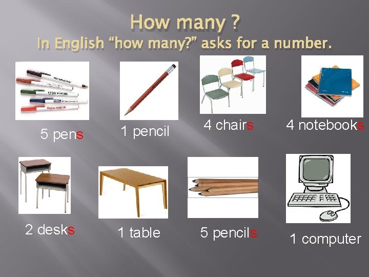 How many ? In English “how many? ” asks for a number. 5 pens