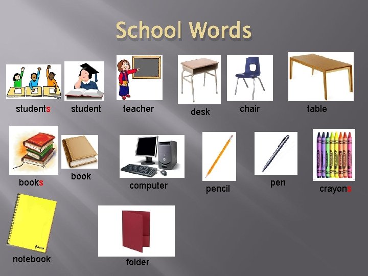 School Words students books notebook student book teacher computer folder desk pencil chair table