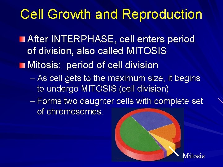 Cell Growth and Reproduction After INTERPHASE, cell enters period of division, also called MITOSIS Cell Growth and Reproduction After INTERPHASE, cell enters period of division, also called MITOSIS