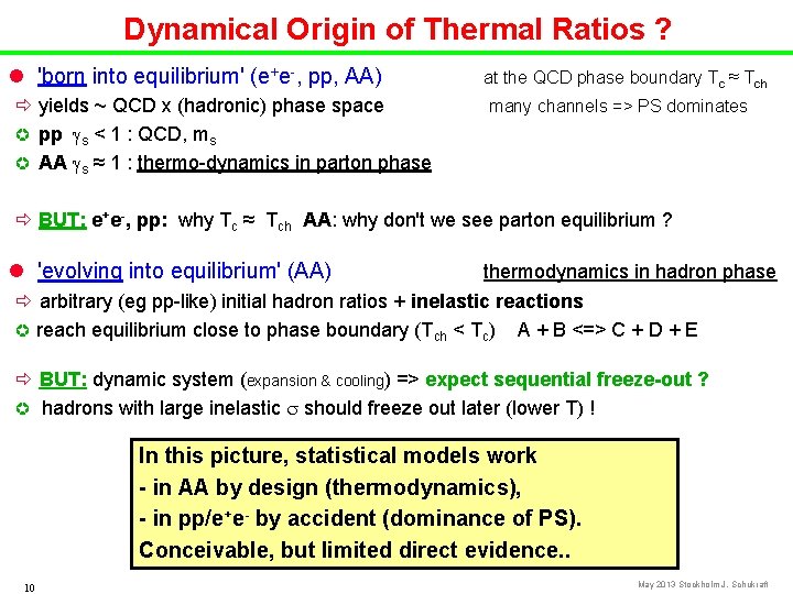 Dynamical Origin of Thermal Ratios ? l 'born into equilibrium' (e+e-, pp, AA) ð