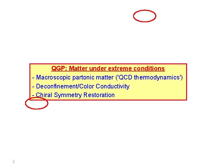 QGP: Matter under extreme conditions - Macroscopic partonic matter ('QCD thermodynamics') - Deconfinement/Color Conductivity